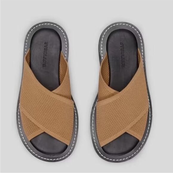 NEW EVERLANE The ReKnit City Flatform Sandal Caramel Crossover Strap Slip - Picture 1 of 4